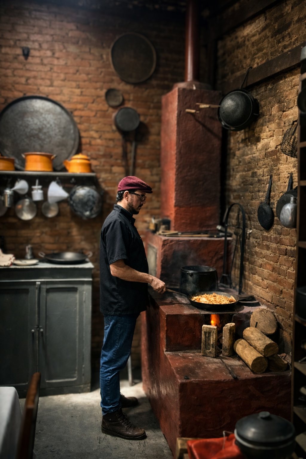 Preparação do almoço histórico em cozinha com fogão a lenha