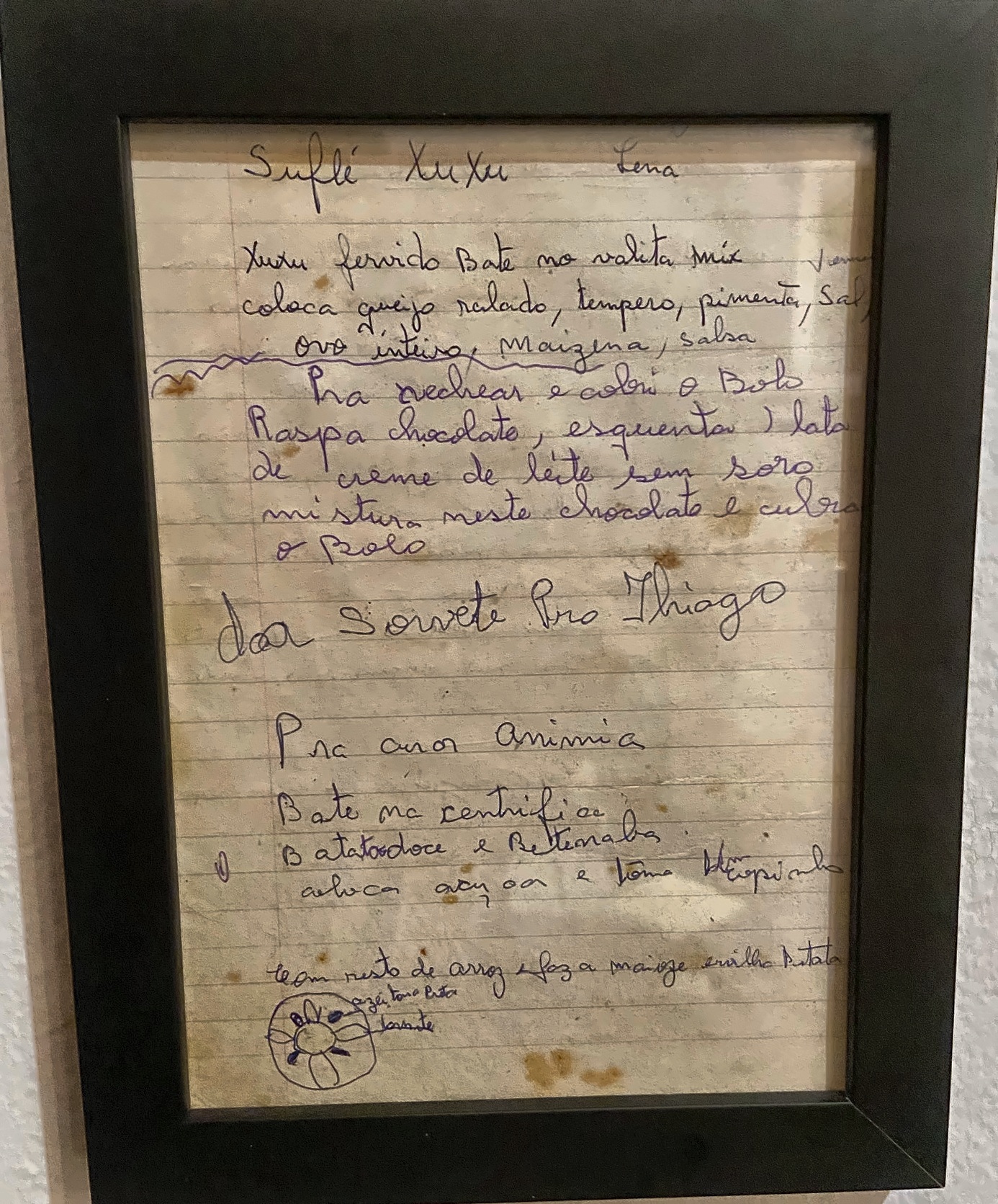 Folha do caderno de receitas da avó de Thiago, anos 1990