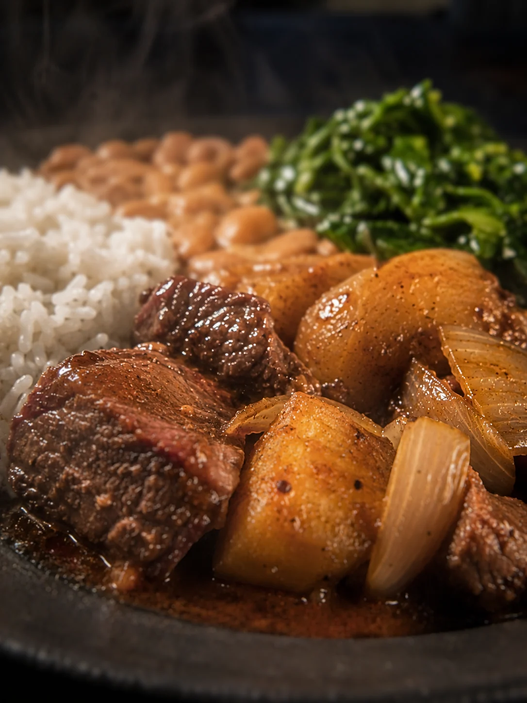 PF do dia com carne, cebola, arroz, feijão e verdura